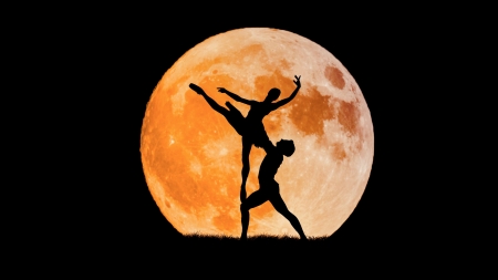 â™¥ - moon, silhouette, couple, black, fantasy, creative, full, orange, luna, ballerina, shadow