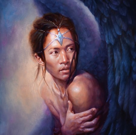 Dawnbreak - angel, michael c hayes, wings, fantasy, painting, face, hand, blue, luminos, man, pictura, feather