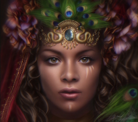 Queen of the Sun Realm - girl, fantasy, peacock, face, queen, pink, red, luminos, green, feather, cris ortega, flower