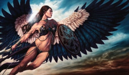 Athena - angel, michael c hayes, athena, wings, fantasy, goddess, luminos, blue, feather