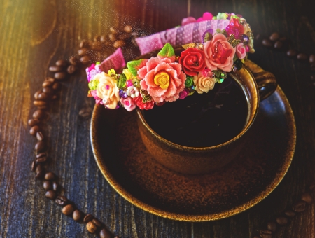 Enjoy! - brown, coffee, pink, wreath, rose, cup, flower