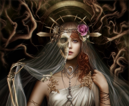 Veil of death - skull, veil, bones, death, girl, rose, fantasy, luminos, pink, cris ortega