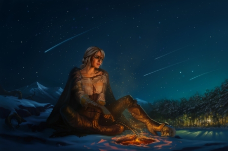 Ciri - ciri, girl, fantasy, the witcher, game, luminos, bonfire, blue, orange