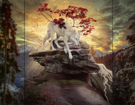 Dawn poured in - triptic, yellow, wolf, collage, xxnamaste, fantays, lup, white, autumn, red, leaf, luminos