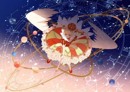 Kinomoto Sakura - anime, blue, girl, angel, orange, manga, wings, card captor sakura, oka, kinomoto sakura