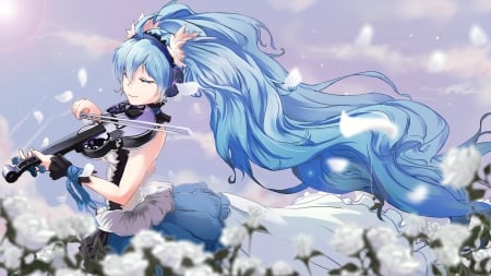 Hatsune Miku - instrument, wind, violin, icefurs, anime, girl, manga, petals, hatsune miku