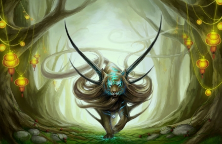 Fantasy creature - creature, fantasy, green, forest, tiger, luminos, horns