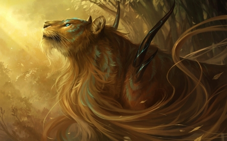 Fantasy creature - lion, luminos, creature, orange, fantasy, tiger, horns