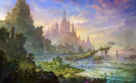 Fantasy - art, luminos, castle, water, fantasy