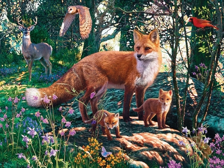 Fox family - cub, vulpe, deer, bird, painting, fox, art, luminos, animal, steve read, pictura, owl, cute