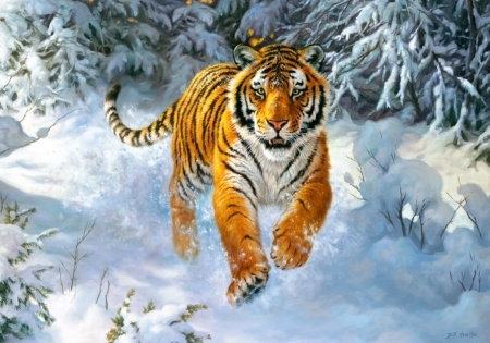 Siberian emperor - iarna, winter, frumusete, tigru, painting, art, snow, pictura, tiger