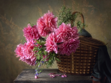 Still life with dahlias - basket, dahlia, pink, still life, daykiney