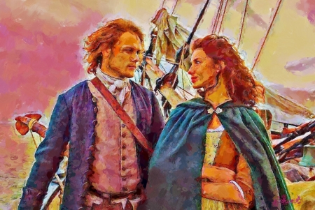 Jamie and Claire - sam heughan, outlander, painting, art, man, jamie, actress, couple, girl, tv series, caitriona balfe, claire, pink, blue, by cehenot, actor, pictura