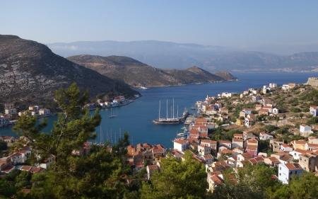 Landscape with Town - mountains, ship, town, bay