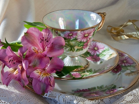 CUP AND SAUCER WITH FLOWERS - image, flowers, saucer, cup