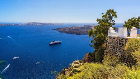 Blue Sea in Santorini,Greece - horizon, sky, trees, bay, coast, nature, blue, cape, sea