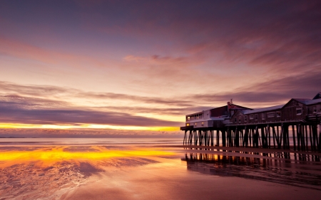 Pier at Ocean Sunset - sunset, nature, beach, ocean, sky, pier