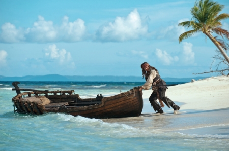 Pirates of the Caribbean (2003 - 2017) - pirates of the caribbean, actor, summer, jack sparrow, blue, boat, island, Johnny Depp, man, white, movie, vara