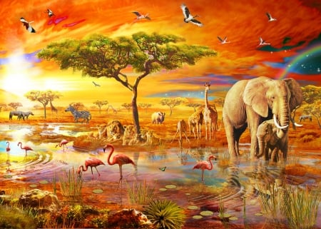 AFRICA - bird, water, yellow, summer, africa, adrian chesterman, orange, tree, fantasy, elephant, vara, luminos, animals, flamingo