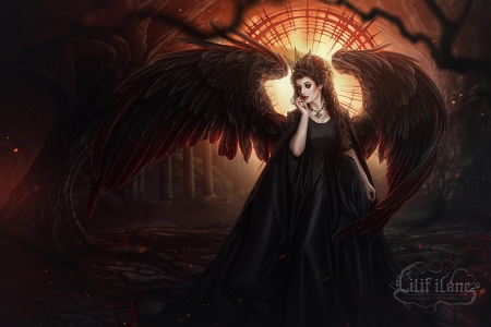 Limbus - angel, lilifilane, wings, black, fantasy, dark, luminos, feather, orange