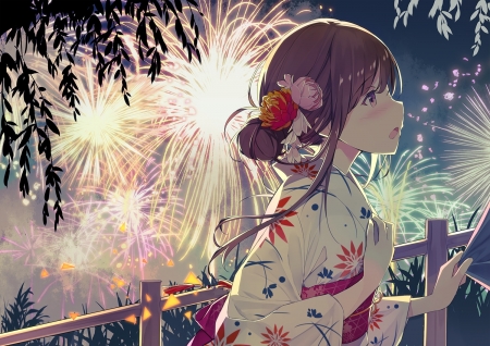 Girl - fireworks, kimono, anime, girl, sutorora, manga