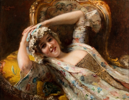 Flirty - pictura, painting, flirty, girl, konstantin makovsky, art, luminos