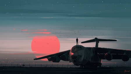 Sunset - airplane, blue, aenami, silhouette, pink, man, fantasy, sunset, art, luminos