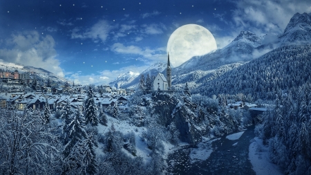 Winter night - moon, white, winter, blue, snow, iarna, luminos, luna