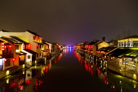 Red Reflection Canal - reflect, river, red, canal, night