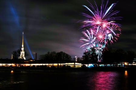 River Firework - river, beautiful, canal, night, firework