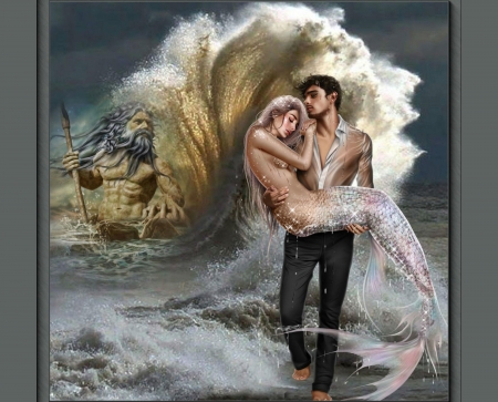 SAVING THE MERMAID - male, ocean, mermaid, poseidon, waves