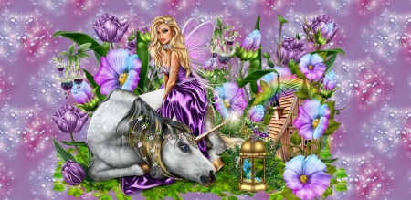 FAIRY & THE UNICORN - purple, female, pink, wings, fairy, flowers, unicorn