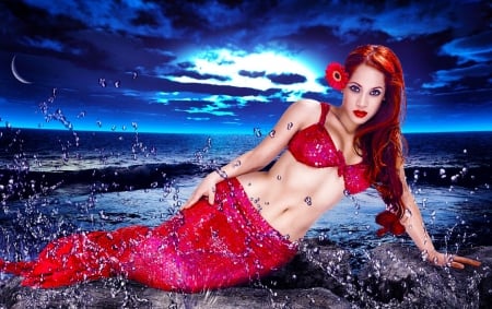 Mermaid on Beach - digital, beautiful, beach, girl, art, fantasy, mermaid, sunset, woman