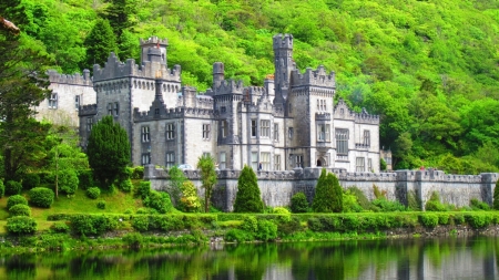 Kylemore Castle - nature, lake, reflection, forest, castle