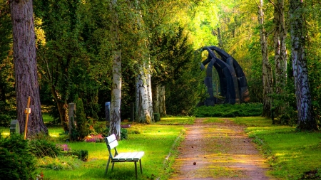 Benches for Relaxing - path, benche, trees, nature, garden, lights, park