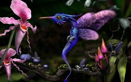 Hummingbird dragon - flower, hummingbird, pink, dragon, luminos, blue