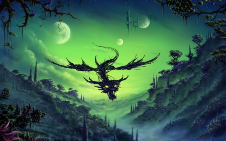 Dragon - moon, luminos, green, dragon, luna, fantasy