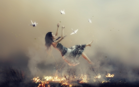 Fallen - bird, fantasy, fire, dove, girl, pasare, fallen, creative