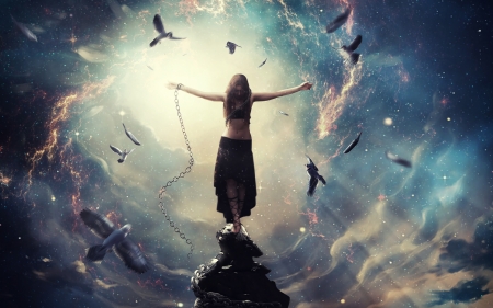 Free - bird, blue, girl, freedom, free, fantasy, cloud, pasare, luminos, sky