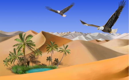 Oasis - oasis, vara, palm tree, summer, fantasy, pasare, bird, eagle, dune, sand