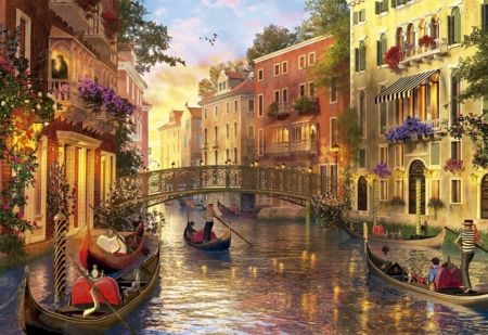 Sunset in Venice - dominic davison, venice, water, sunset, painting, art, pictura, bridge, boat