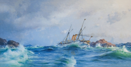 Storm - storm, gouashe, sailing frigate, water, blue, sea, swedish, white, herman gustav sillen