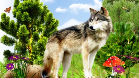 Art of the wild - wolf, mushrooms, predator, artwork, plants