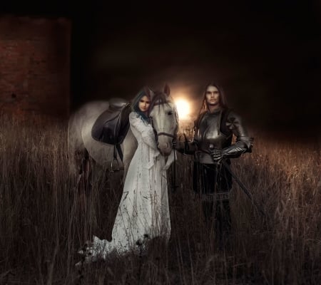 Princess and knight - girl, night, cal, man, horse, knight, armor, fantasy, couple