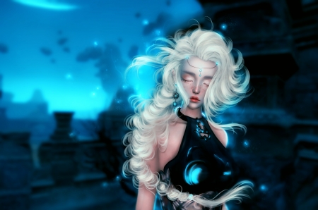 Midnight dream - lianari, fantasy, blonde, luminos, girl, frumusete, blue