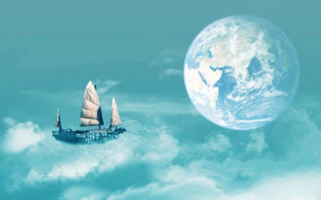 Fantastic dream - moon, summer, blue, ship, creative, fantasy, white, cloud, vara, sky, luna