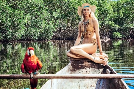 Boat Ride . . - women, female, boat, hats, models, parrot, western, cowgirl, style, river, outdoors, blondes, jungle