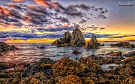 Landscape with Rocks - rock, clouds, sea, nature