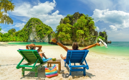 Happy Summer! - beach, vara, couple, summer, chair, blue, green, holiday, island, sea, sand