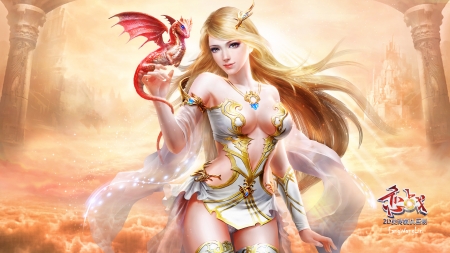 Fantasy girl with a dragon - yellow, girl, luminos, pink, dragon, fang wang llin, fantasy